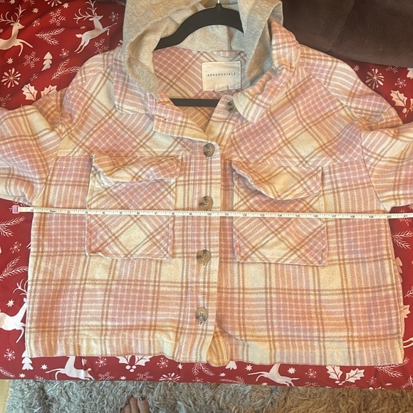 Aeropostale pink cream plaid cropped flannel jacket with hood, medium - Picture 8 of 12